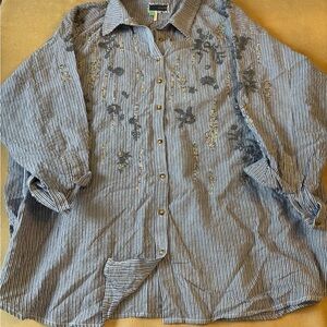 Pilcro Blue & White Striped Button-Down with Floral Embroidery